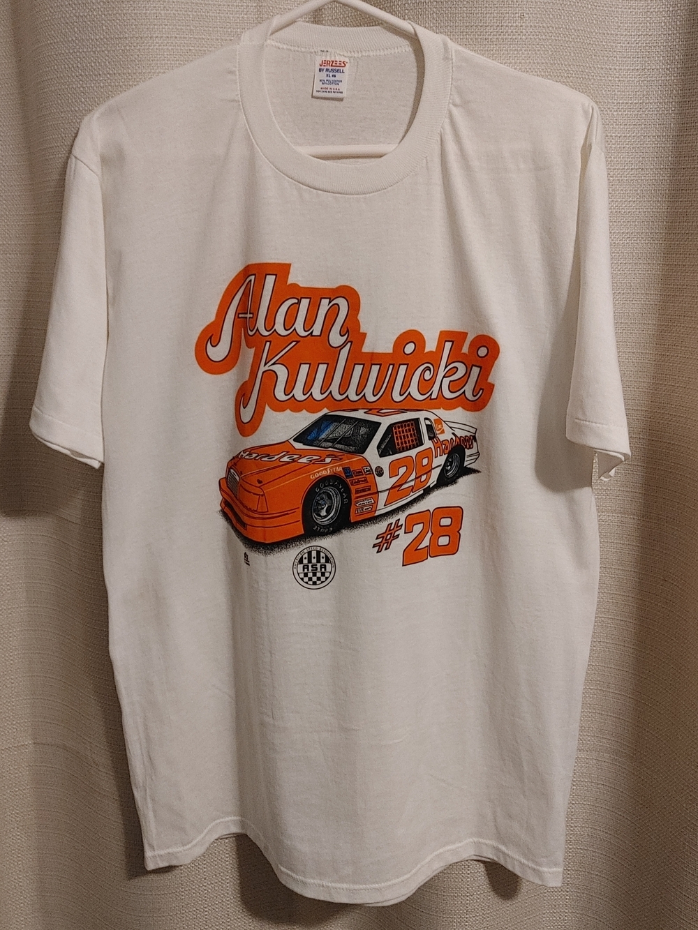 Jerzees Vintage 1985 Alan Kulwicki #28 Men's White Tee with Orange Racecar